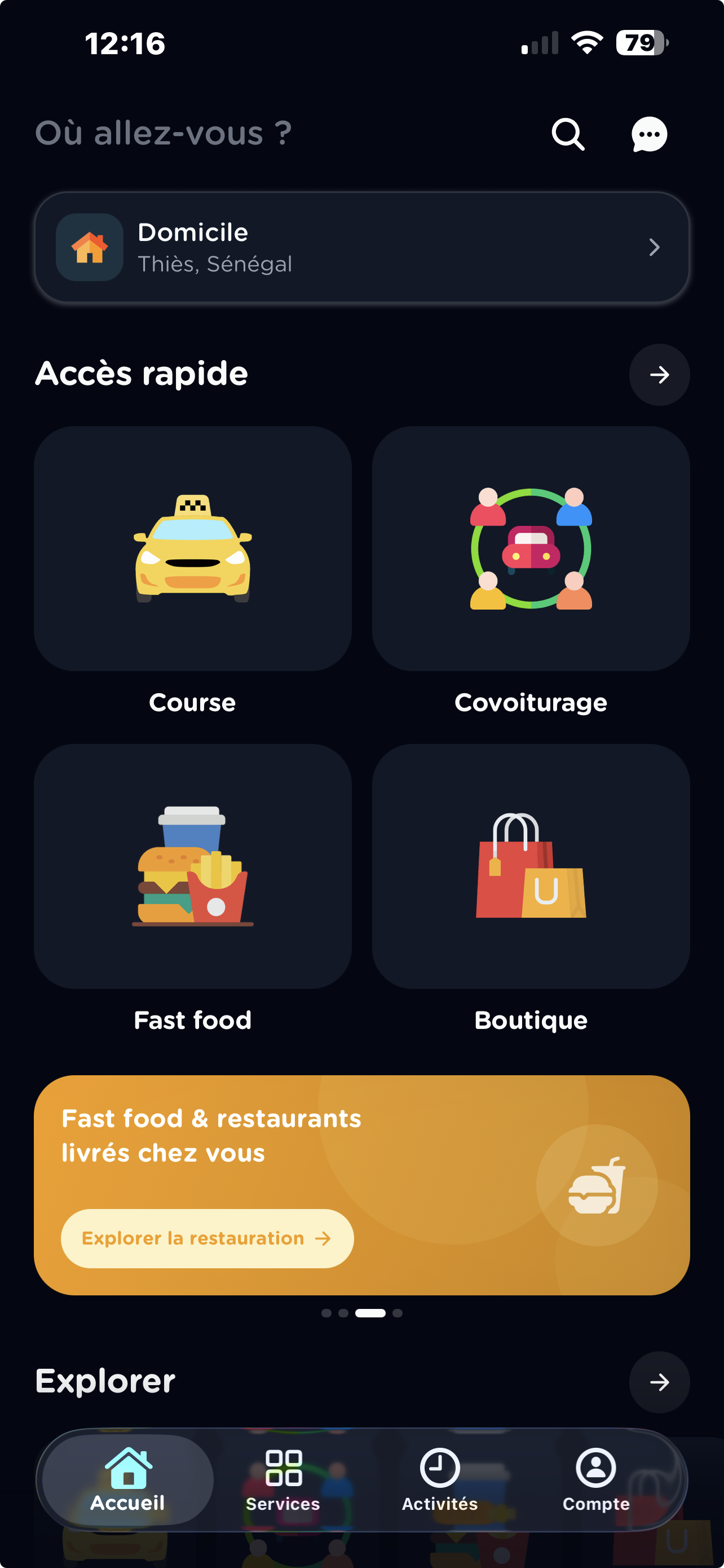 Écran d’accueil Ceeligo : accès rapide à la course (VTC), au covoiturage, fast-food et boutiques