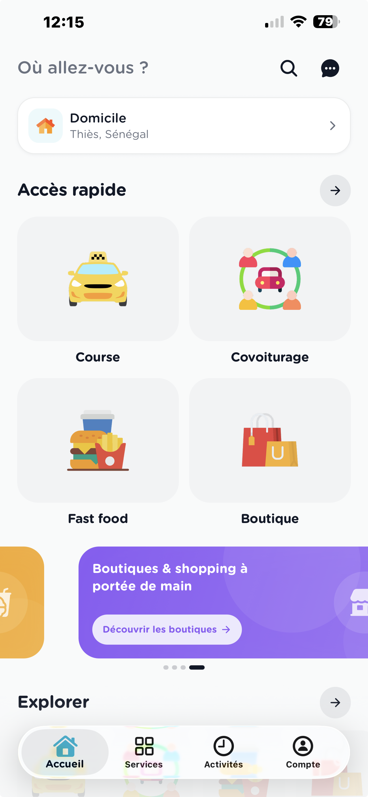Écran d’accueil Ceeligo : accès rapide à la course (VTC), au covoiturage, fast-food et boutiques
