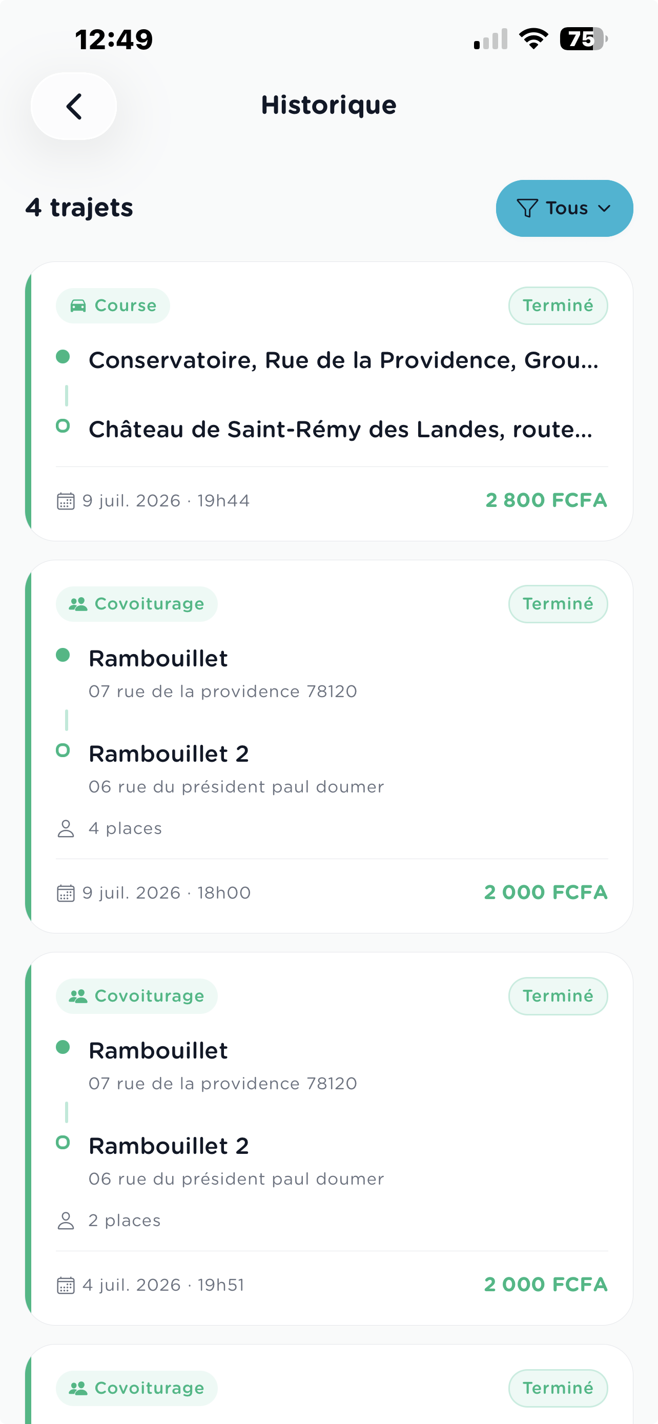 Historique des courses et trajets Ceeligo, avec statut, itinéraire et prix
